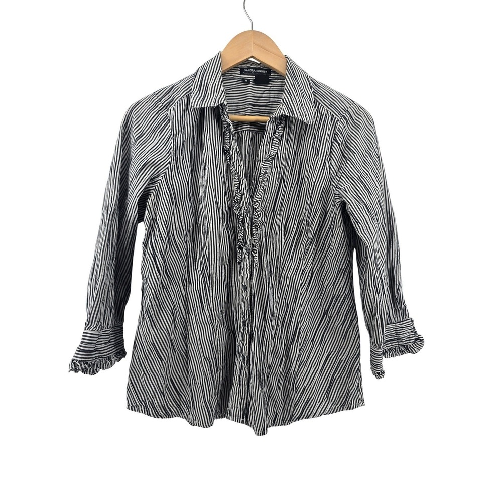 Sandra Ingrish Shirt Womens M 772-399 Black White Striped Ruffle EUC